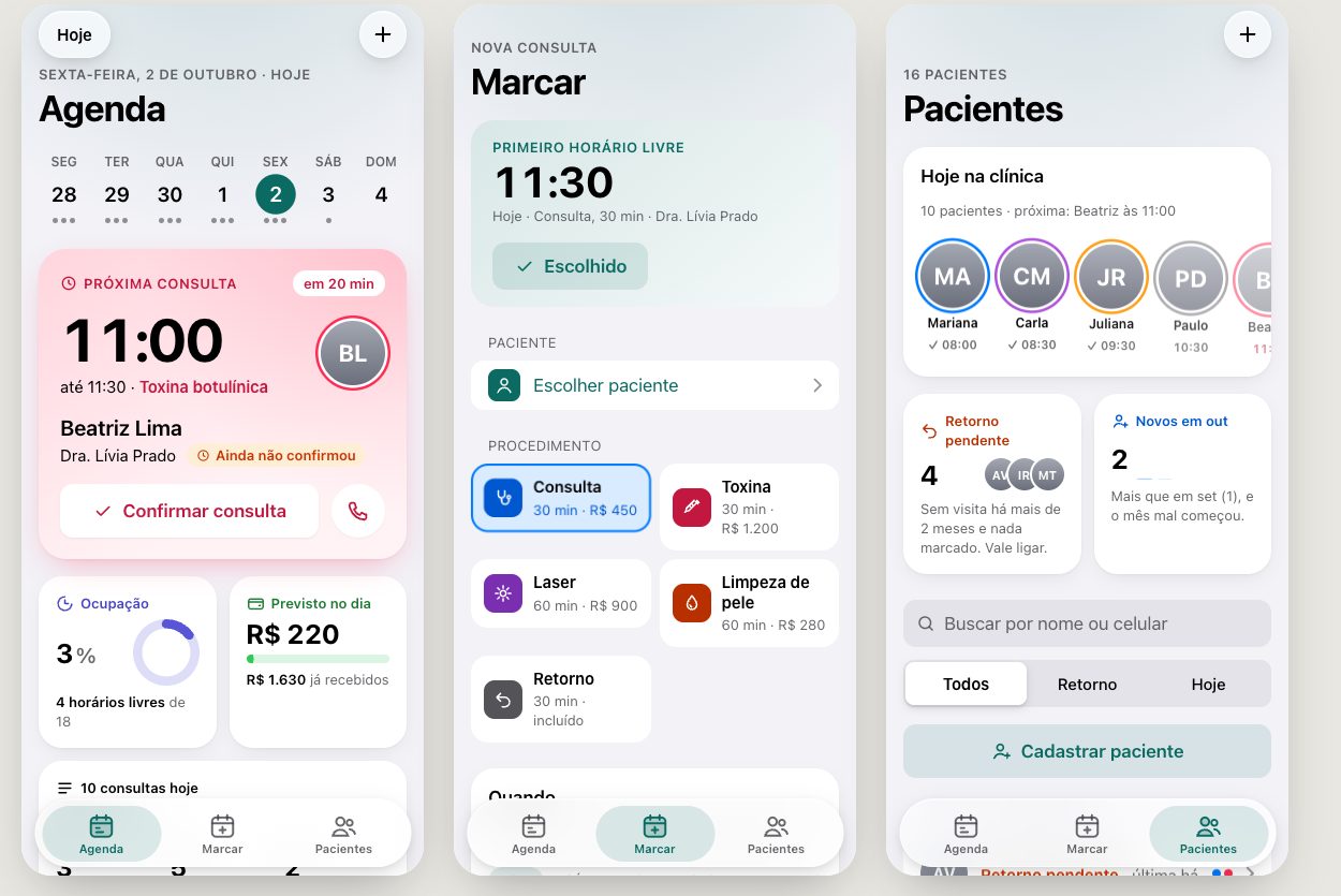 The same three screens made with the skill: next appointment highlighted, procedures colored by category and a tab bar in the style of Apple's apps