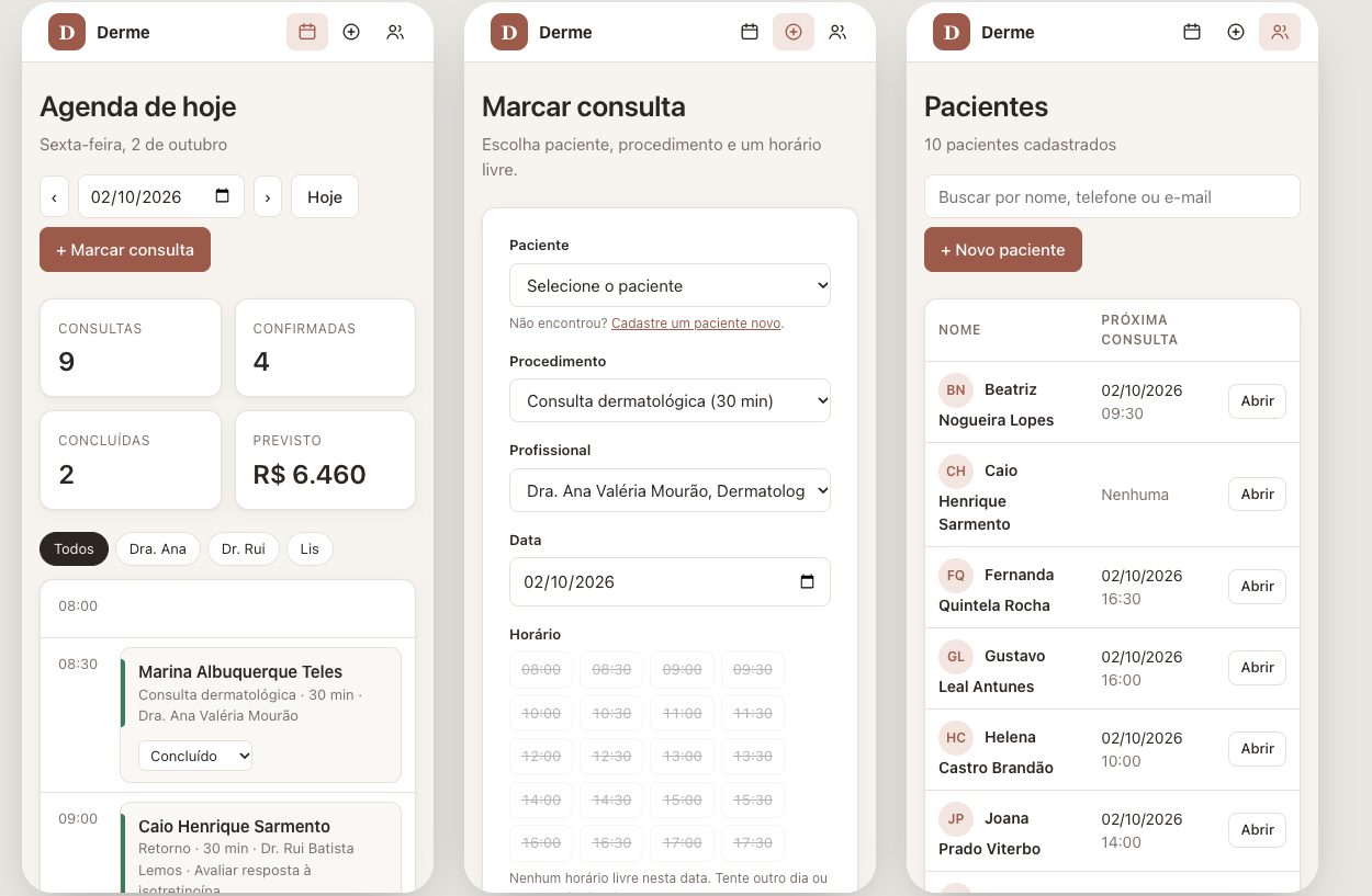 Three screens of a clinic system made by the AI without the skill: schedule, book appointment and patients, with a plain form look
